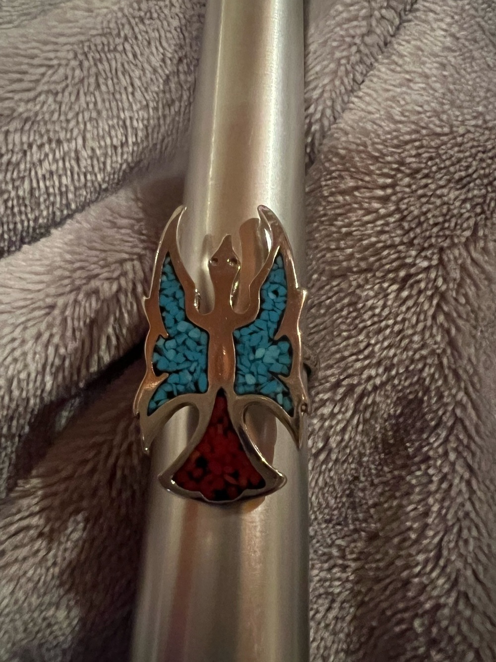Southwestern Thunderbird Silver, Turquoise/Red Coral Size 9 Ring, excellent cond